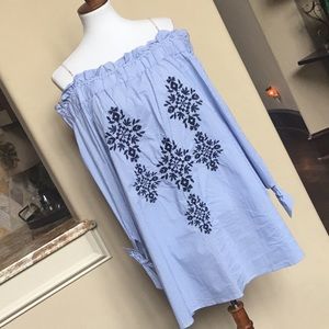 Blue/white pinstripe off shoulder top